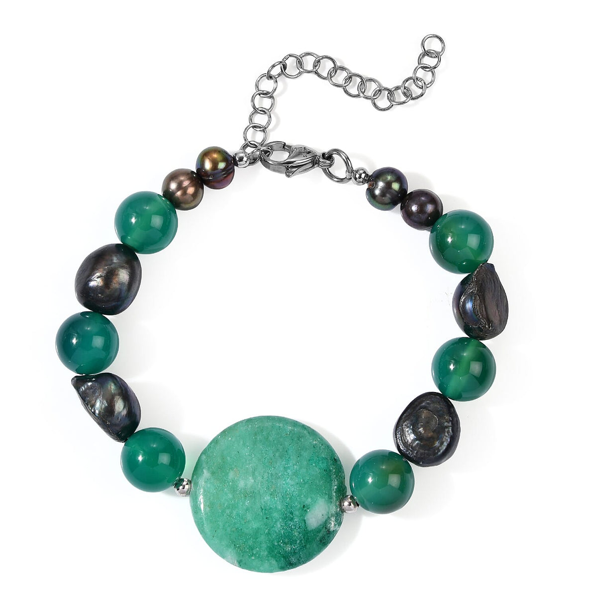 EverTrue Rainforest Jasper, Green Agate and Peacock Pearl Beaded Bracelet in Stainless Steel (7.25 In) 75.00 ctw