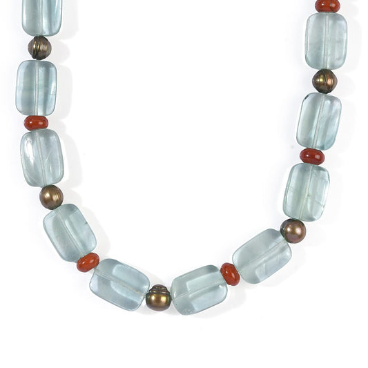 EverTrue Green Fluorite, Red Jasper and Brown Pearl Necklace (18 Inches) in Platinum Bond 320.00 ctw