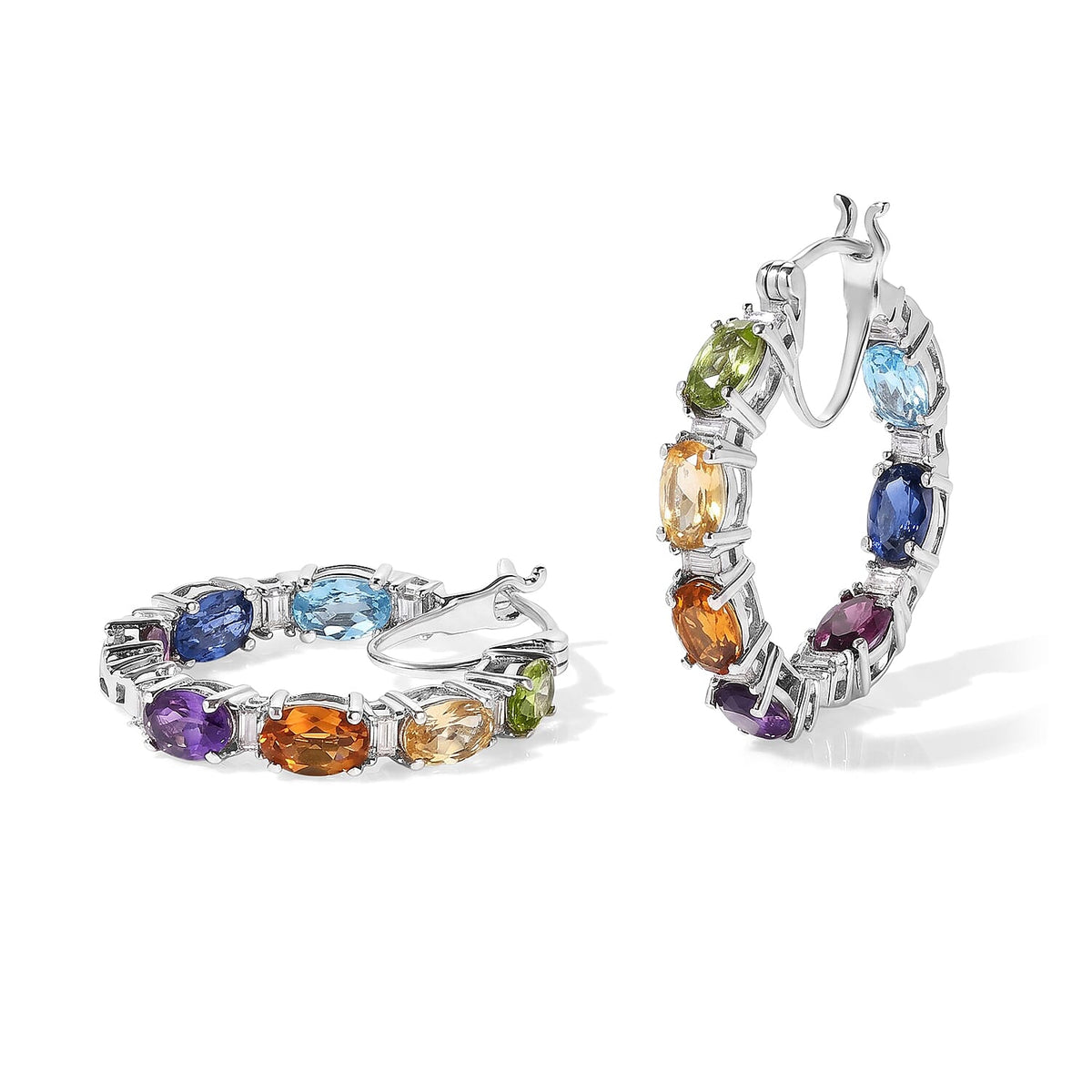 D''Joy Premium Multi Gemstone 7.60 ctw Out Hoop Earrings in Rhodium Over Sterling Silver