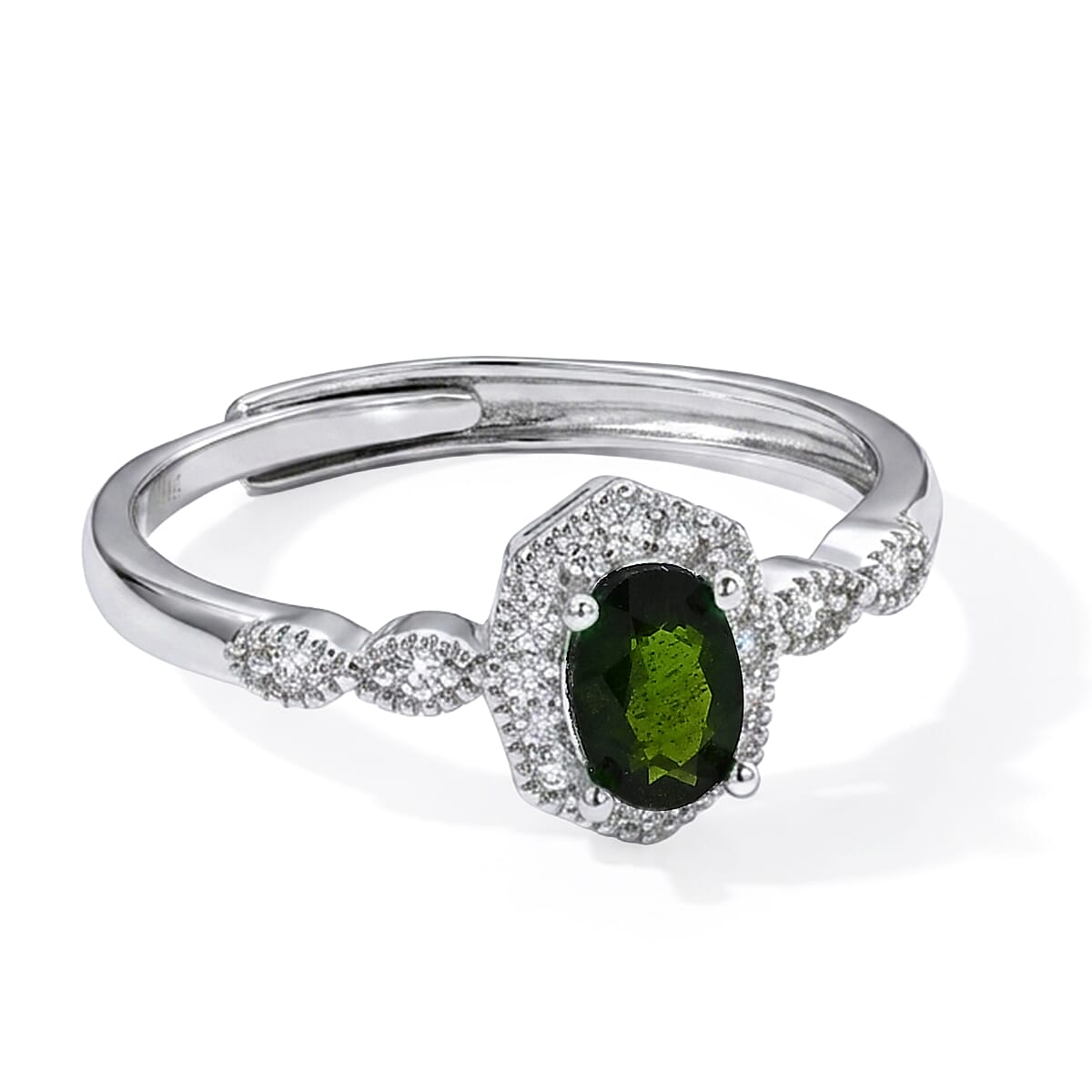 Chrome Diopside and Simulated Diamond 0.50 ctw Ring in Silvertone (Adjustable)