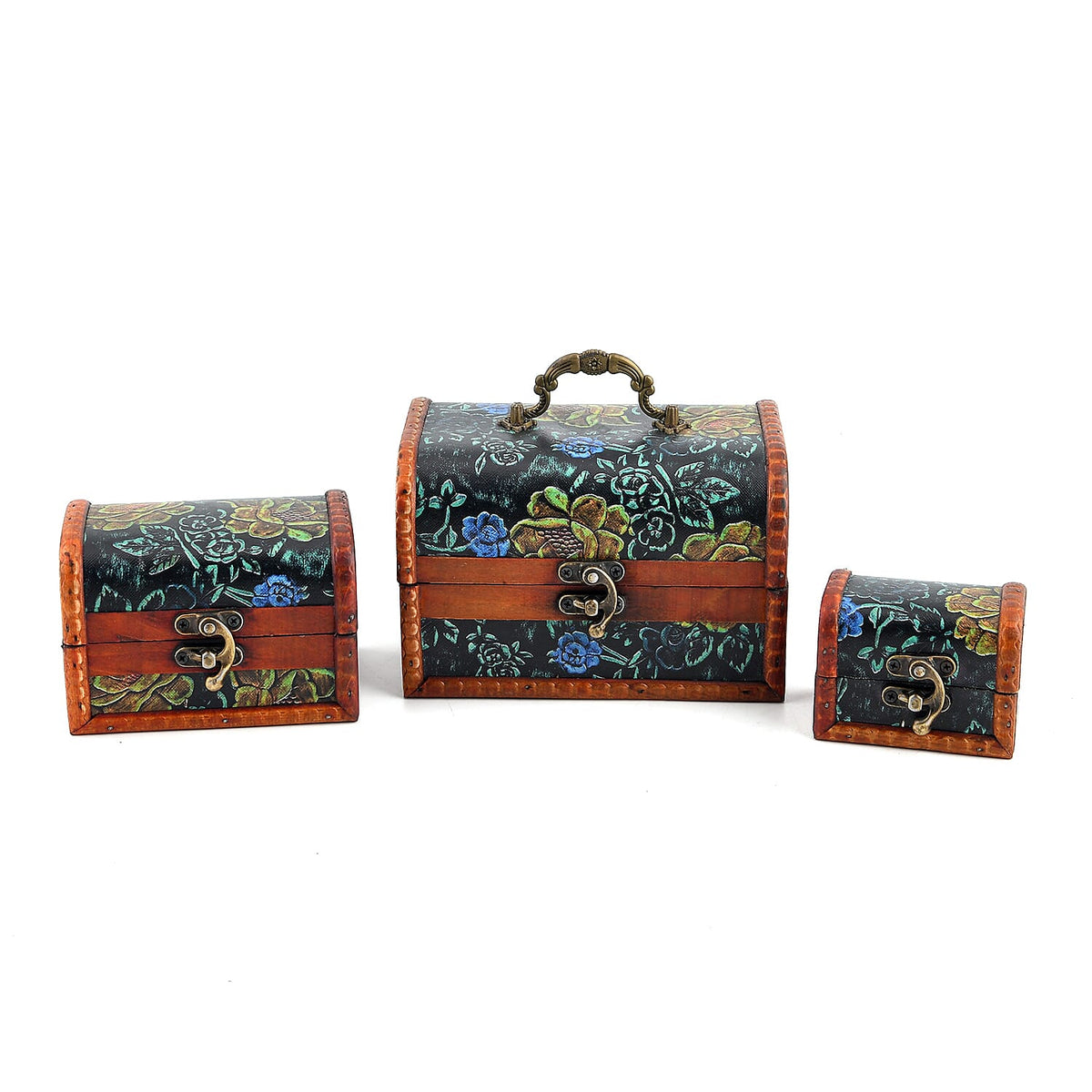 Livmore Green Flower Embossed Set of 3 Treasure Box