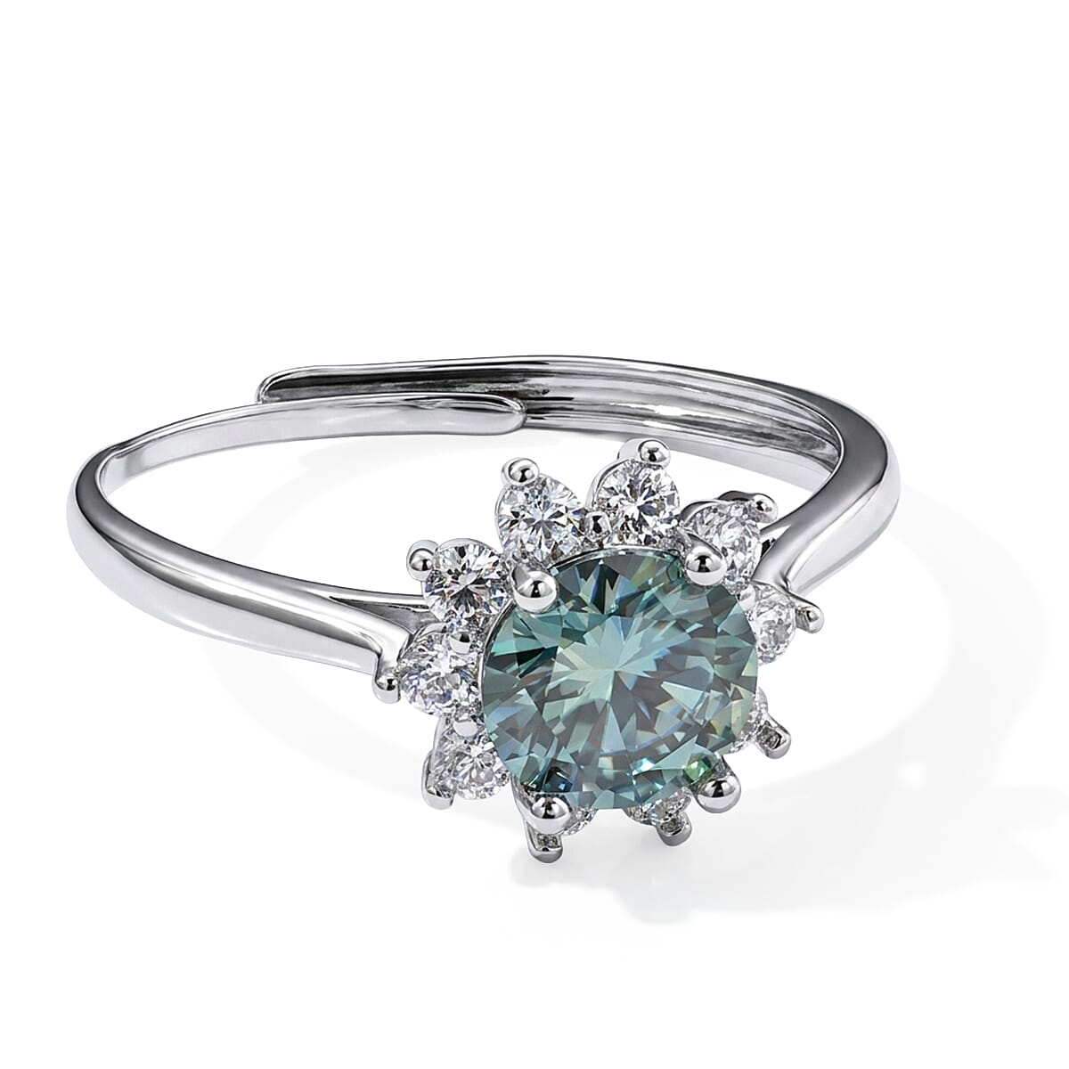 Green Moissanite and Simulated Diamond Ring in Silvertone Adjustable 1.20 ctw