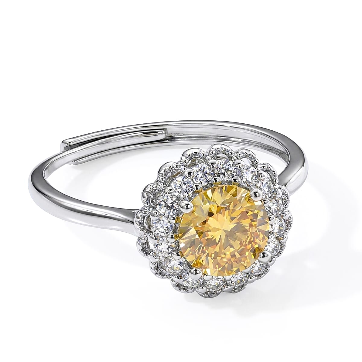Yellow Moissanite and Simulated Diamond Ring in Silvertone (Adjustable) 1.40 ctw