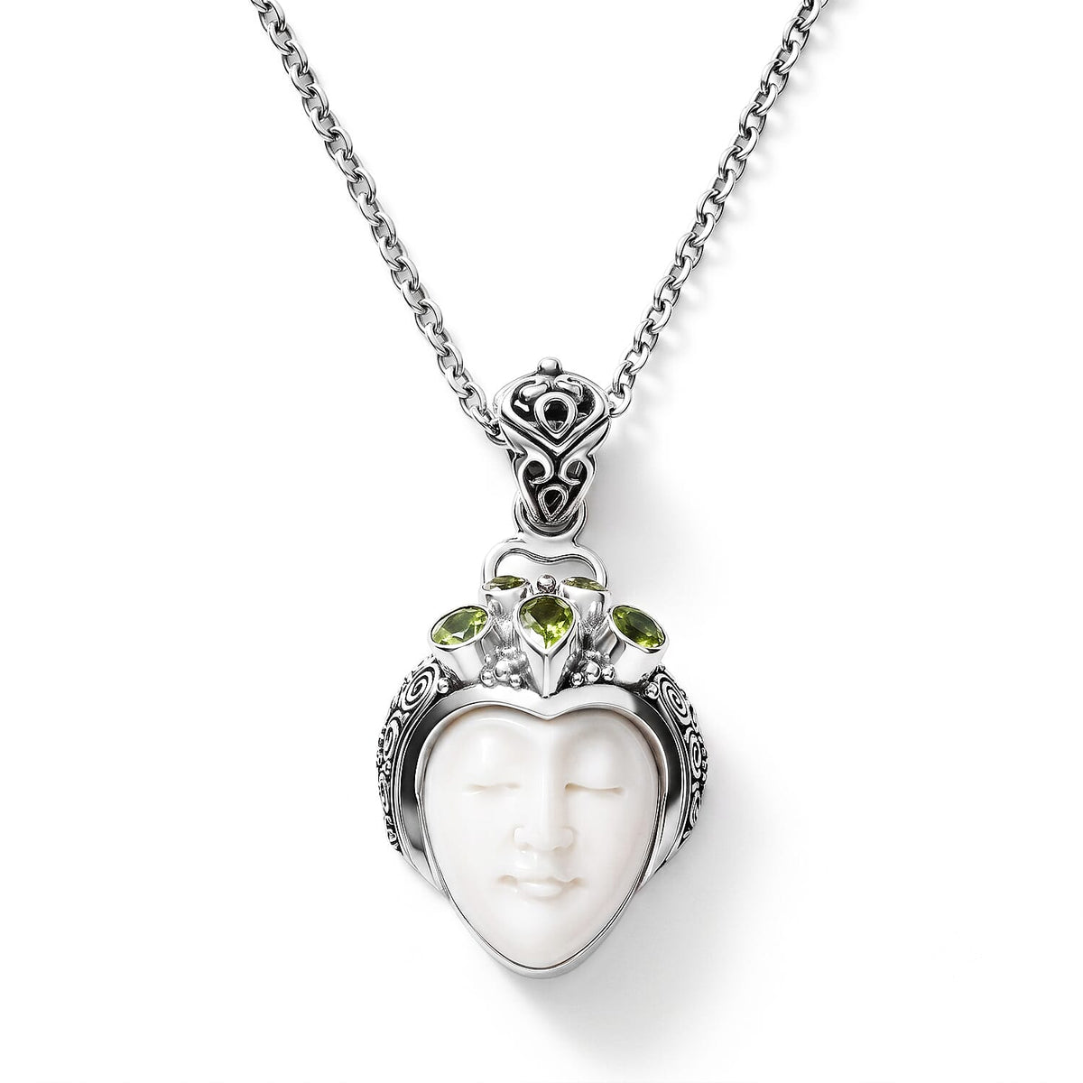 D''Joy Bali Goddess Carved Bone and Hebei Peridot 1.25 ctw Pendant without Chain in Sterling Silver
