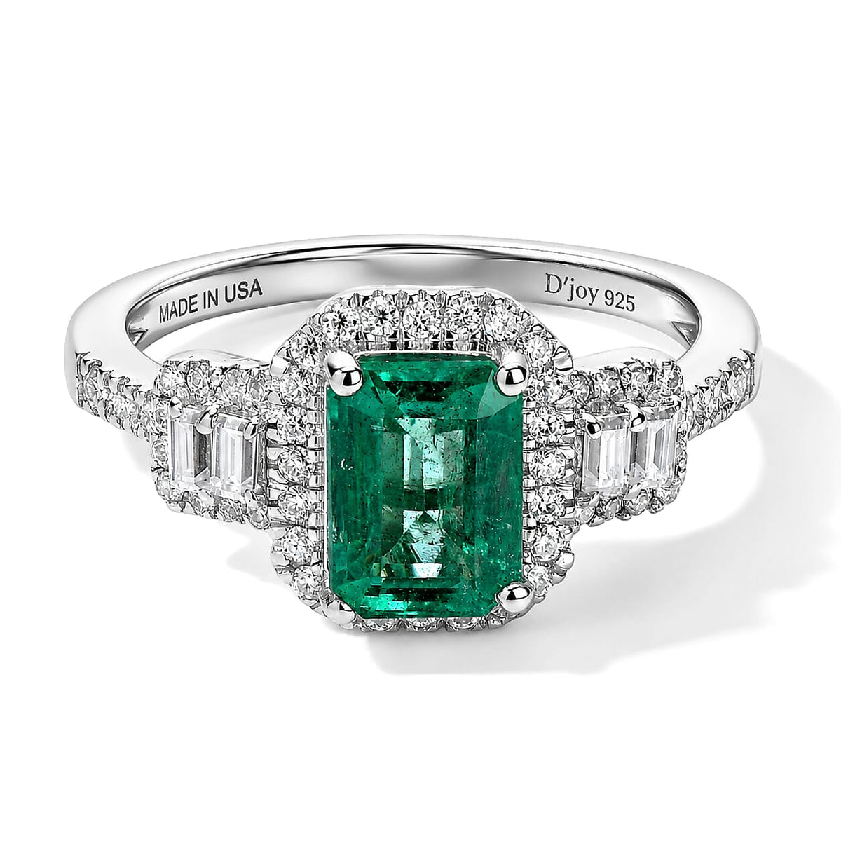 D''Joy Premium Kagem Zambian Emerald, Moissanite Ring in Rhodium Over Sterling Silver Size 10.0 2.20 ctw