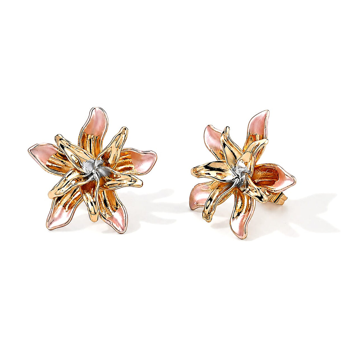 Enameled Blooming Flower Earrings in Goldtone