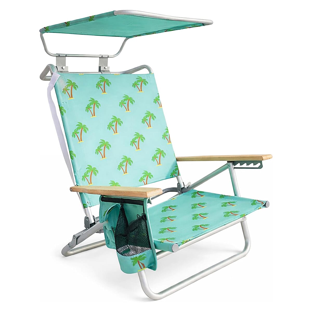 Bliss Folding Beach Chair with Canopy, Pocket, Cup Holder & Carry Straps - Palm Tree