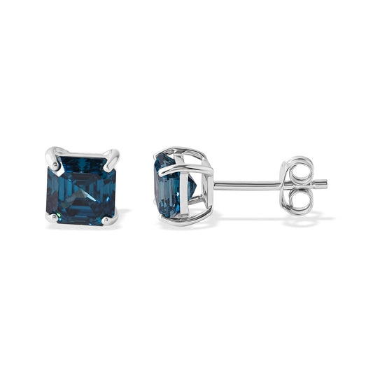 Luxuriant Asscher Cut Lab Grown Blue Diamond (VS) Imperial Blue Earrings in Rhodium Over Sterling Silver 2.00 ctw