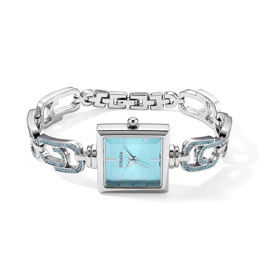 Strada Blue Austrian Crystal Japanese Movement Paperclip Bracelet Watch in Silvertone (7.5-8.5In)
