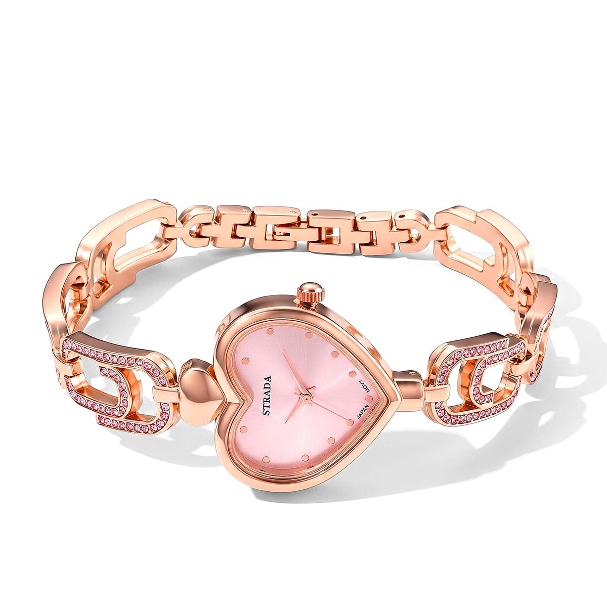 Strada Pink Austrian Crystal Japanese Movement Paperclip Bracelet Watch in Rosetone (7.5-8.5In)