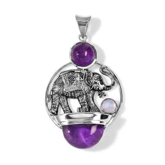 Rainbow Moonstone, African Amethyst Pendant Without Chain in Sterling Silver 16.75 ctw