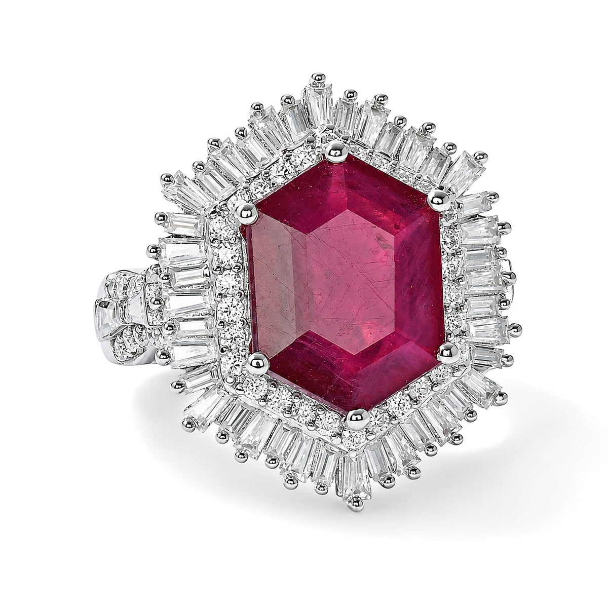 TLV D'Joy Premium Niassa Ruby (FF), Moissanite Ring in Rhodium Over Sterling Silver (Size 10.0) 6.10 ctw