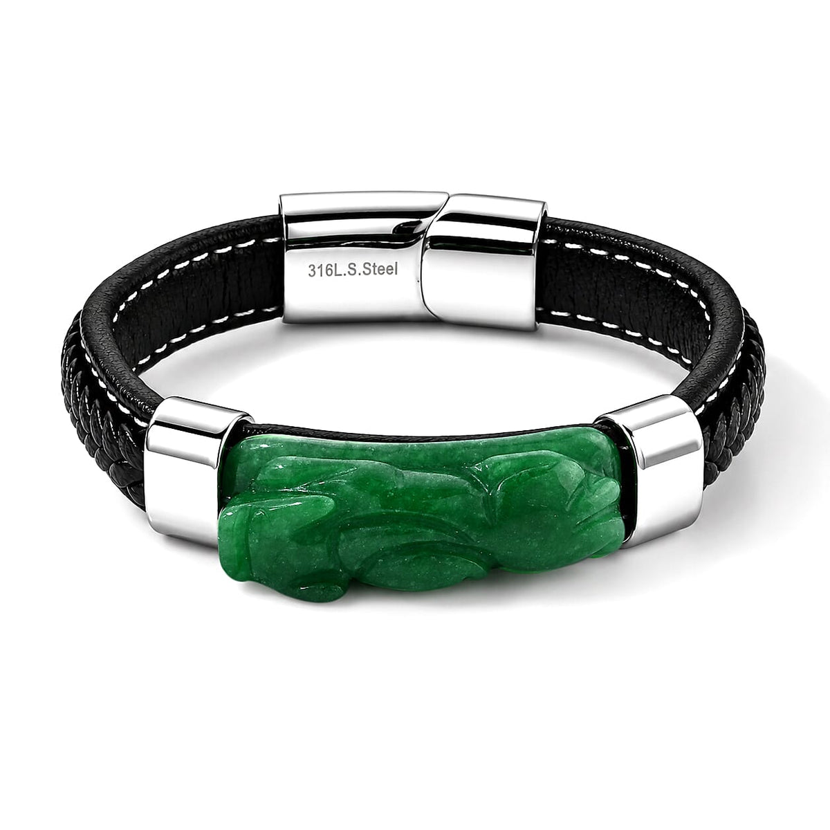 Green Jade Beaded Pixiu Bracelet in Stainless Steel (7.50 In) 90.00 ctw