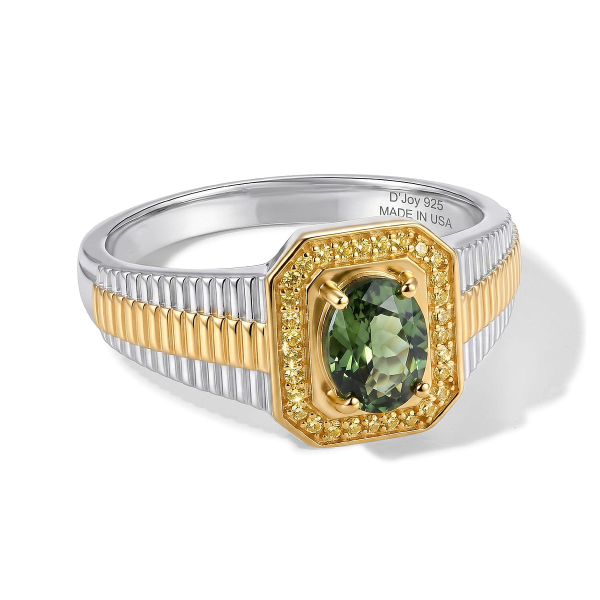 D''Joy Premium Natural Green Apatite, Yellow Sapphire Men''s Ring in 18K Vermeil YG and Rhodium Over Sterling Silver (Size 12.0) 1.40 ctw