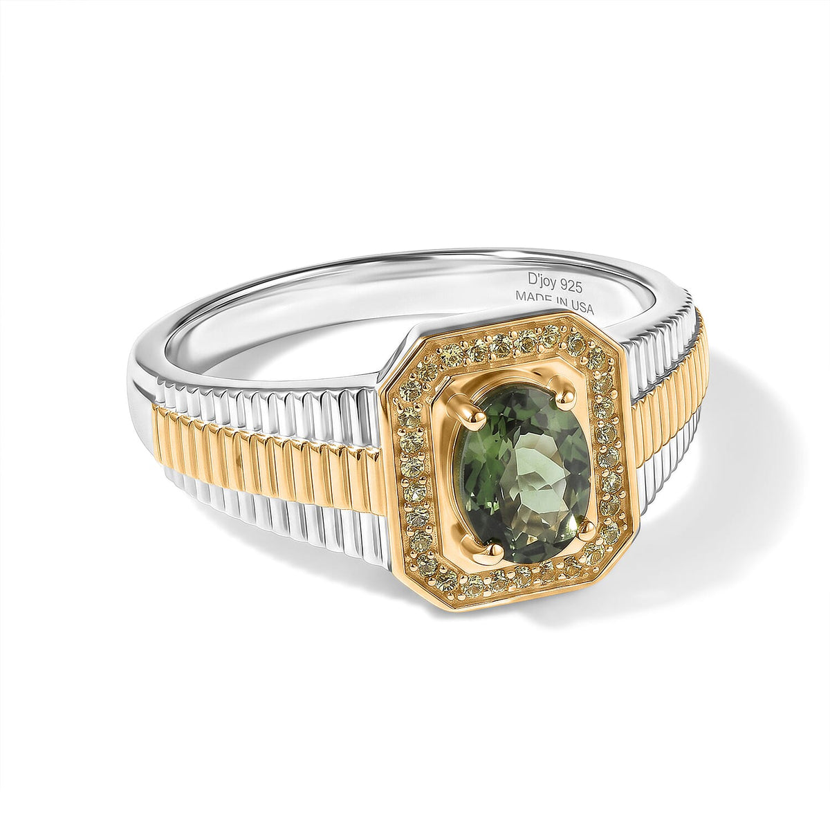 D''Joy Premium Natural Green Apatite, Yellow Sapphire Men''s Ring in 18K Vermeil YG and Rhodium Over Sterling Silver (Size 12.0) 1.40 ctw