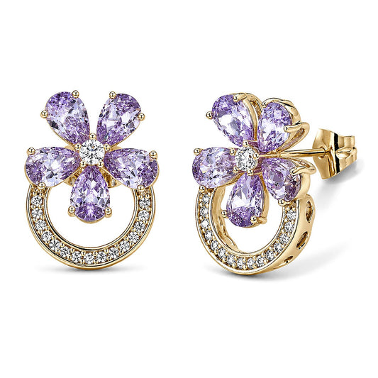 Simulated White and Pink Diamond Flower Earrings in Goldtone