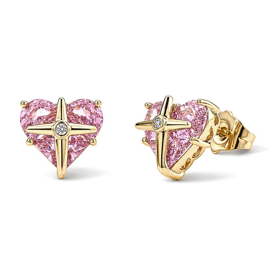 Simulated White and Pink Diamond Heart Earrings in Goldtone