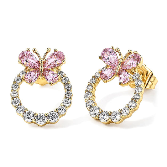 Simulated White and Pink Diamond Butterfly Earrings in Goldtone