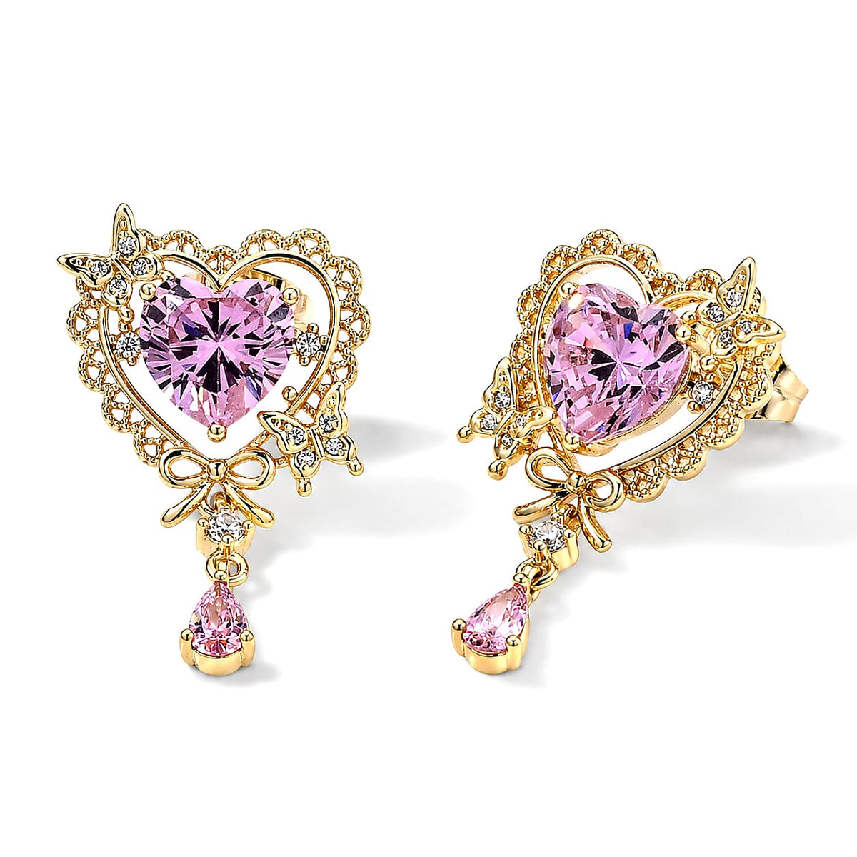 Simulated Pink and White Diamond Earrings in Goldtone