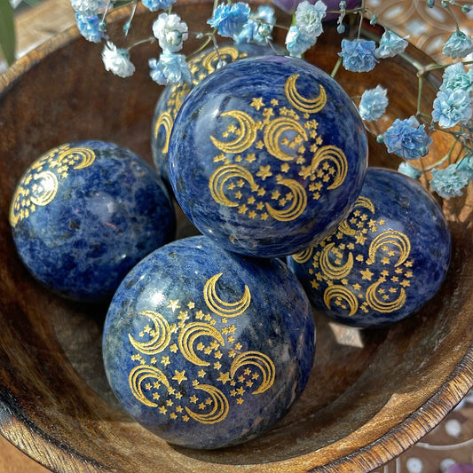 Moon and Stars Engraved Sodalite Sphere 1100ctw (Ships in 8-10 Business Days)
