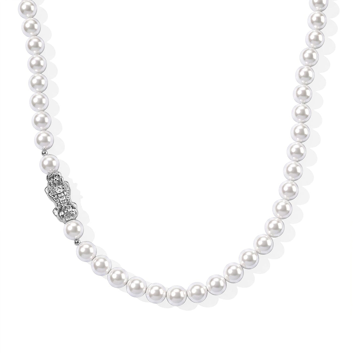 White Shell Pearl Necklace with Pixiu Charm in Silvertone 20-22 Inches