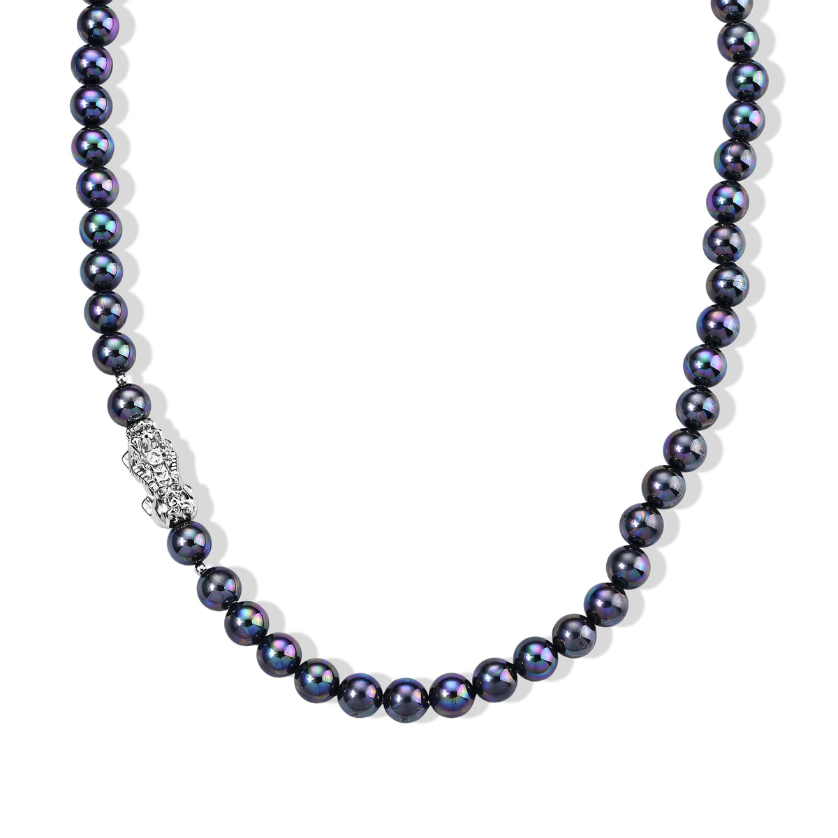 White Shell Pearl Necklace with Pixiu Charm in Silvertone 20-22 Inches
