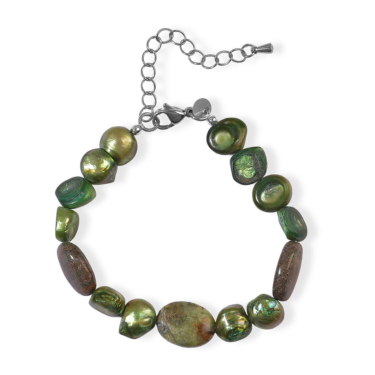 EverTrue Green Opal and Green Pearl (D) 35.00 ctw Bracelet in Stainless Steel (7.25-9.25In)