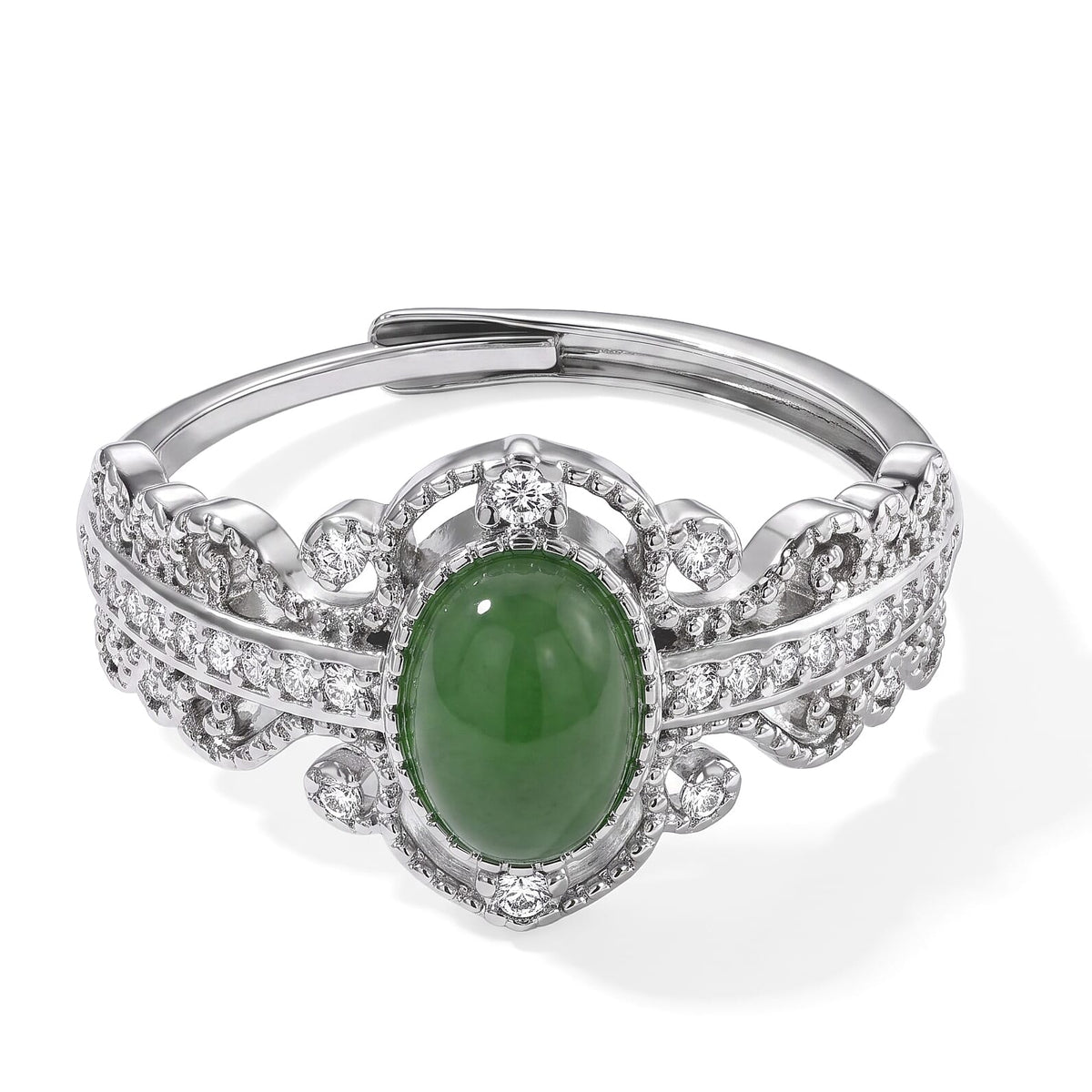 Green Jade and Simulated Diamond 8.00 ctw Ring in Silvertone (Adjustable)