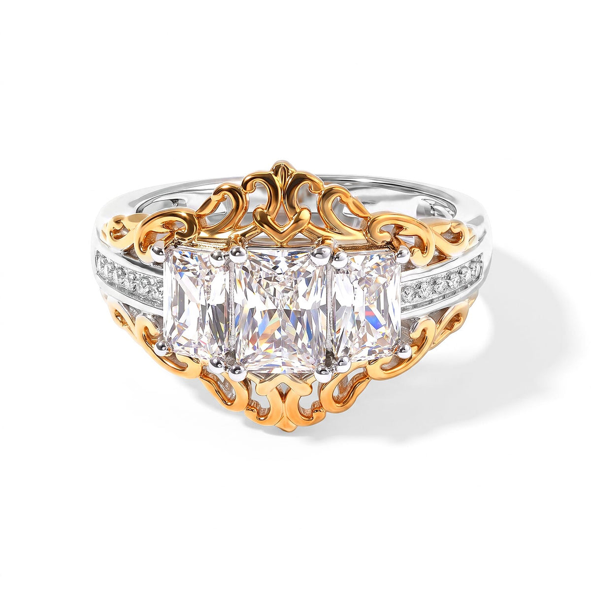 EverTrue Simulated Diamond 3 Stone Ring in 18K YG Plated and Platinum Bond (Size 10.0) 3.65 ctw