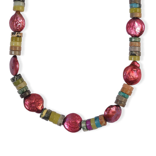 EverTrue Multi Jasper and Purple Pearl (D) 150.00 ctw Necklace (18 Inches) in Platinum Bond