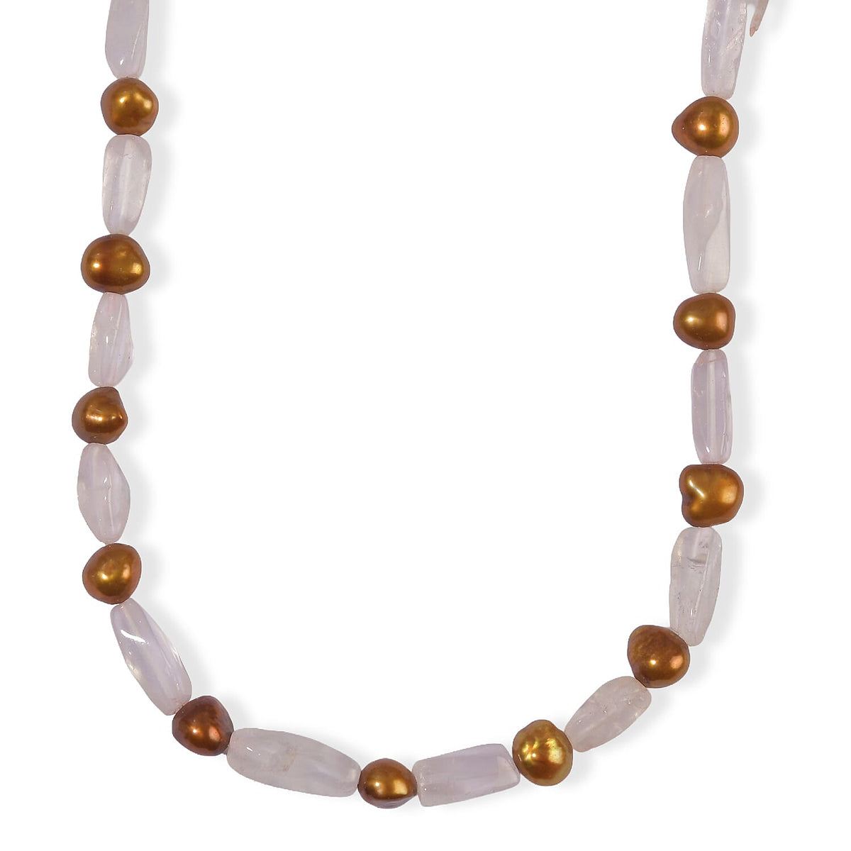 EverTrue Brown Pearl (D) and Galilea Rose Quartz 70.00 ctw Necklace (18 Inches) in Platinum Bond