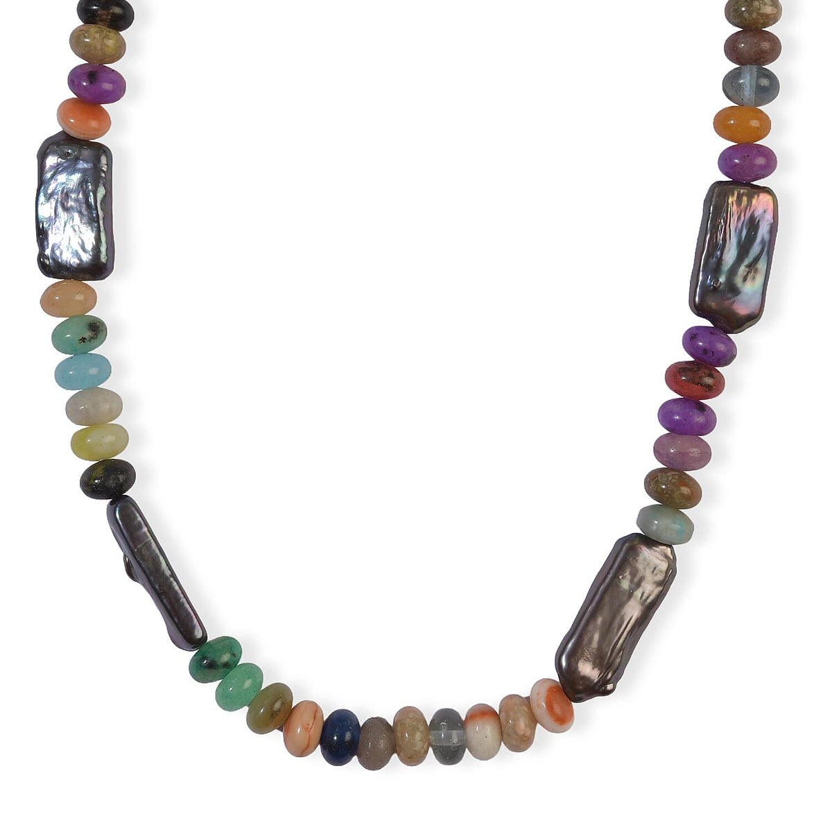 EverTrue Multi Jasper and Peacock Pearl 70.00 ctw Necklace (18 Inches) in Platinum Bond
