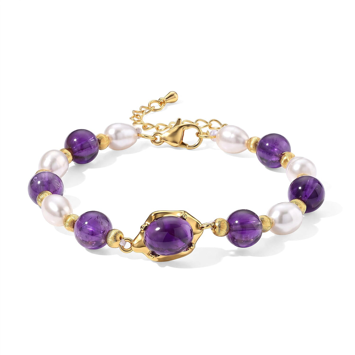 White Freshwater Pearl, African Amethyst 30.00 ctw Beaded Bracelet in Goldtone (7-9In)