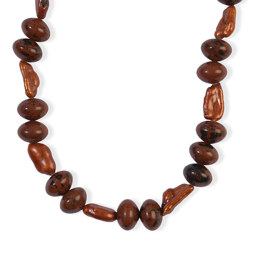 EverTrue Orange Freshwater Pearl (D) and Mahagooni Jasper 210.00 ctw Necklace (18 Inches) in Platinum Bond
