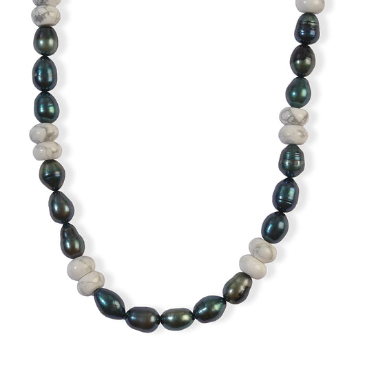 EverTrue White Howlite and Dark Green Pearl (D) 35.00 ctw Necklace (18 Inches) in Platinum Bond