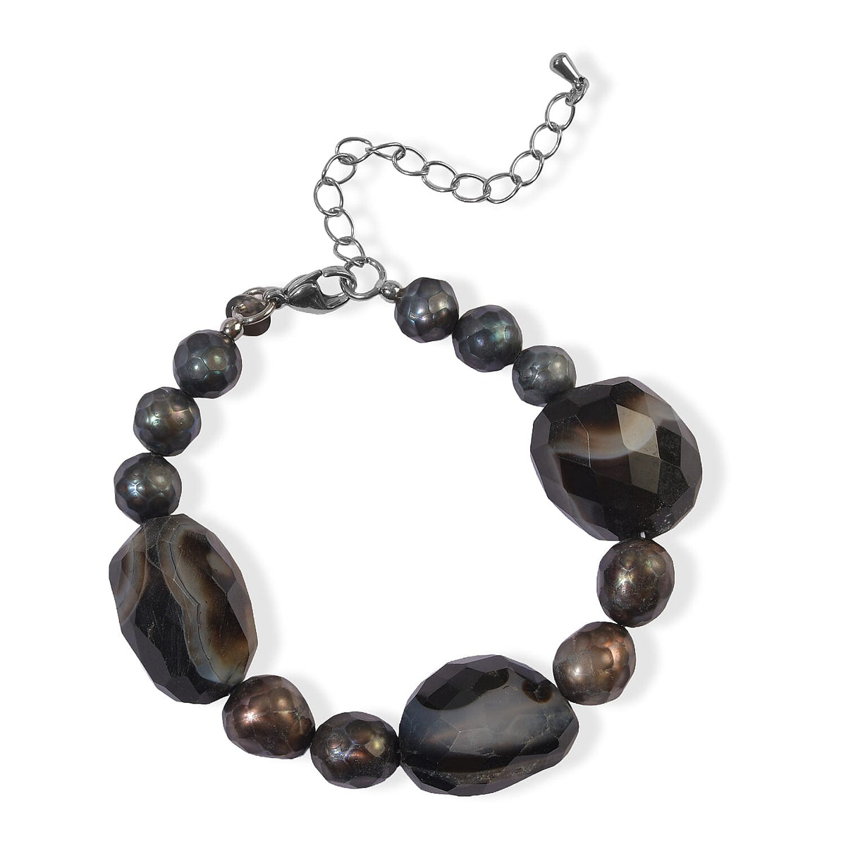 EverTrue Black Lace Agate and Pearl (D) 60.00 ctw Bracelet in Stainless Steel (7.25-9.25In)