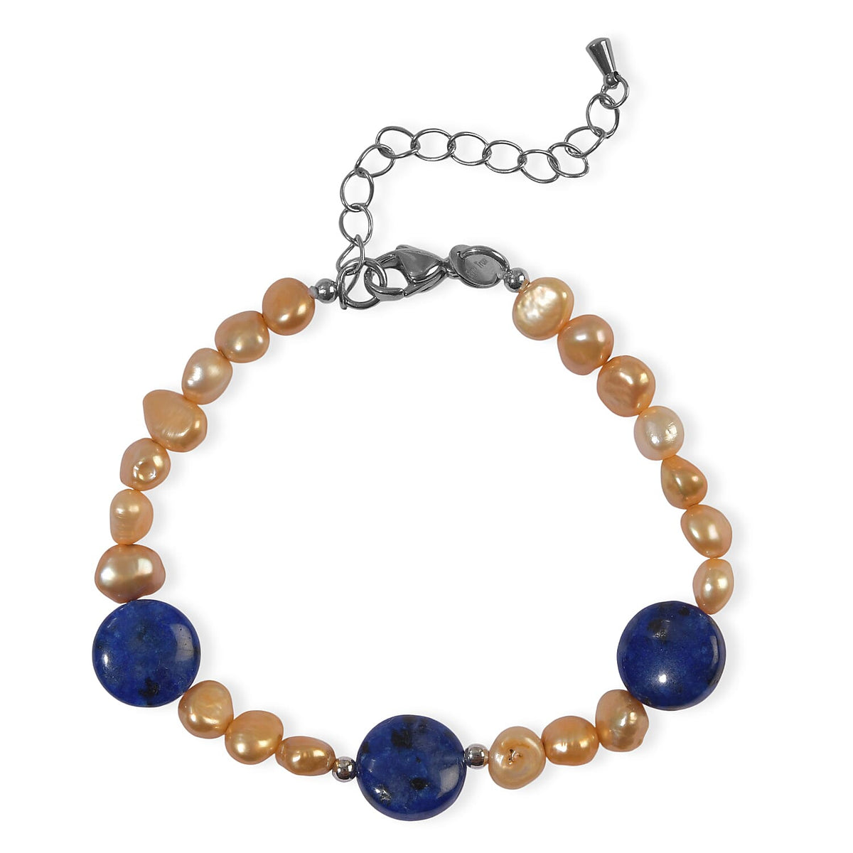 EverTrue Blue Jasper and Yellow Pearl (D) 20.00 ctw Bracelet in Stainless Steel (7.25-9.25In)