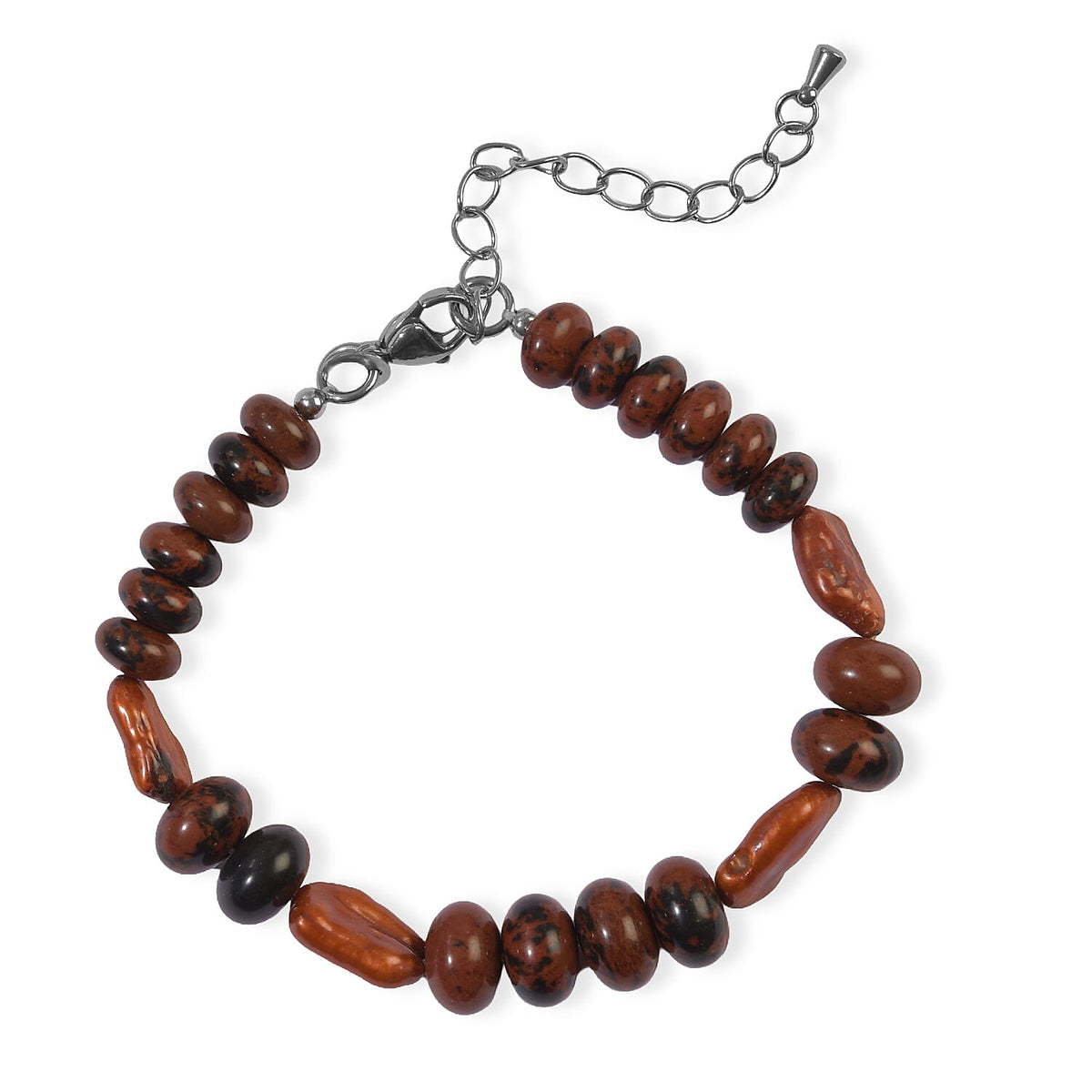 EverTrue Mahagooni Jasper and Orange Freshwater Pearl (D) 50.00 ctw Bracelet in Stainless Steel (7.25-9.25In)