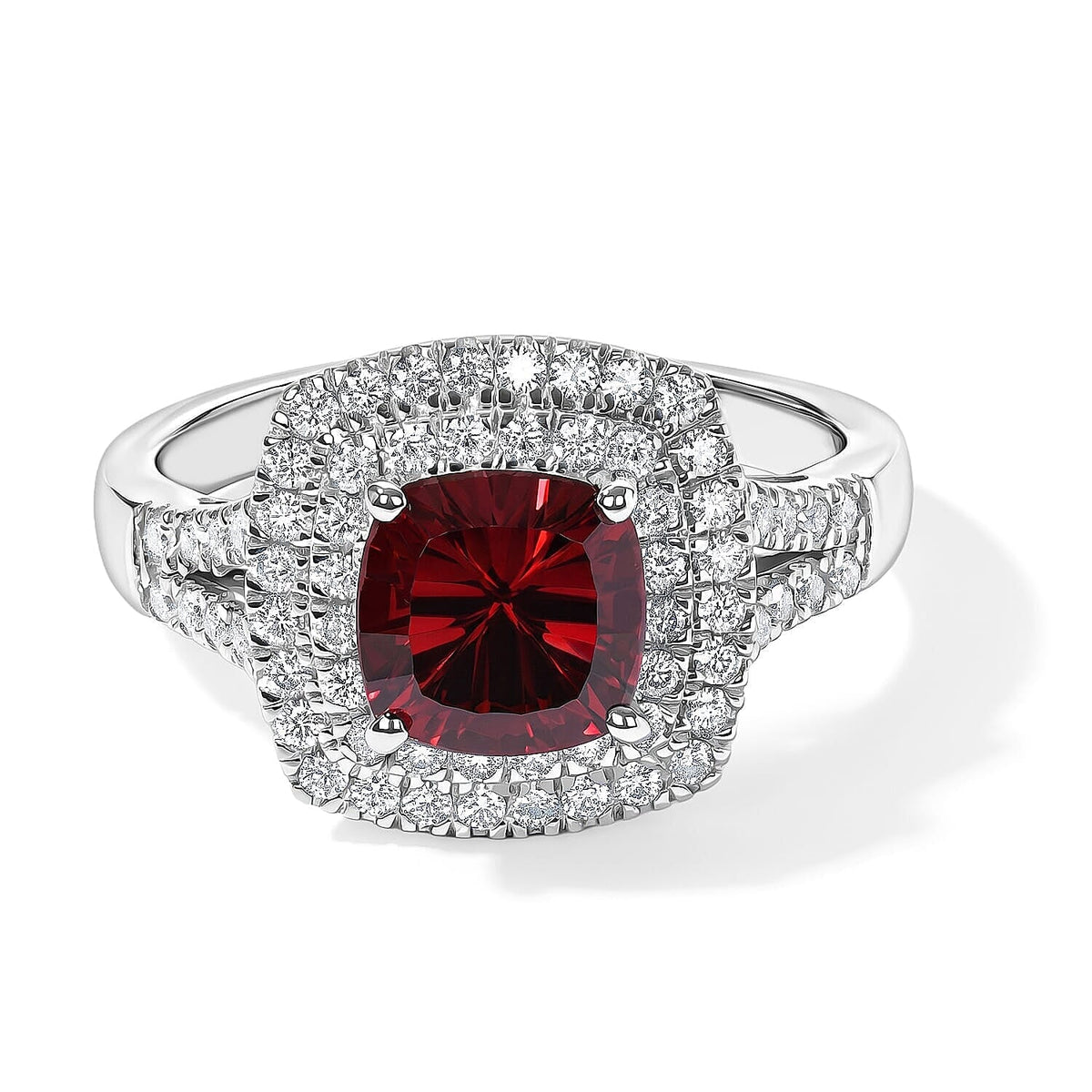 D''Joy Concave Cut Premium Tanzanian Raspberry Garnet, Moissanite Ring in Rhodium Over Sterling Silver (Size 10.0) 2.20 ctw