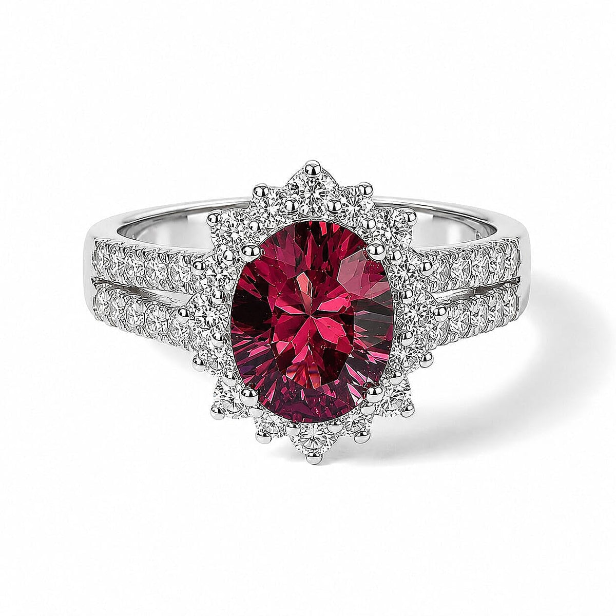 D'Joy Premium Tanzanian Raspberry Garnet, Moissanite Ring in Rhodium Over Sterling Silver (Size 10.0) 2.90 ctw