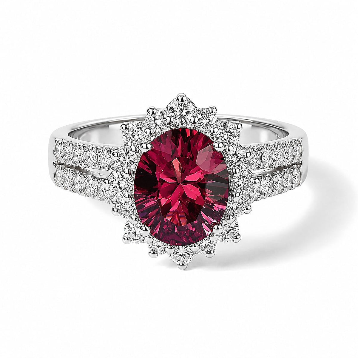 D'Joy Premium Tanzanian Raspberry Garnet, Moissanite Ring in Rhodium Over Sterling Silver (Size 10.0) 2.90 ctw