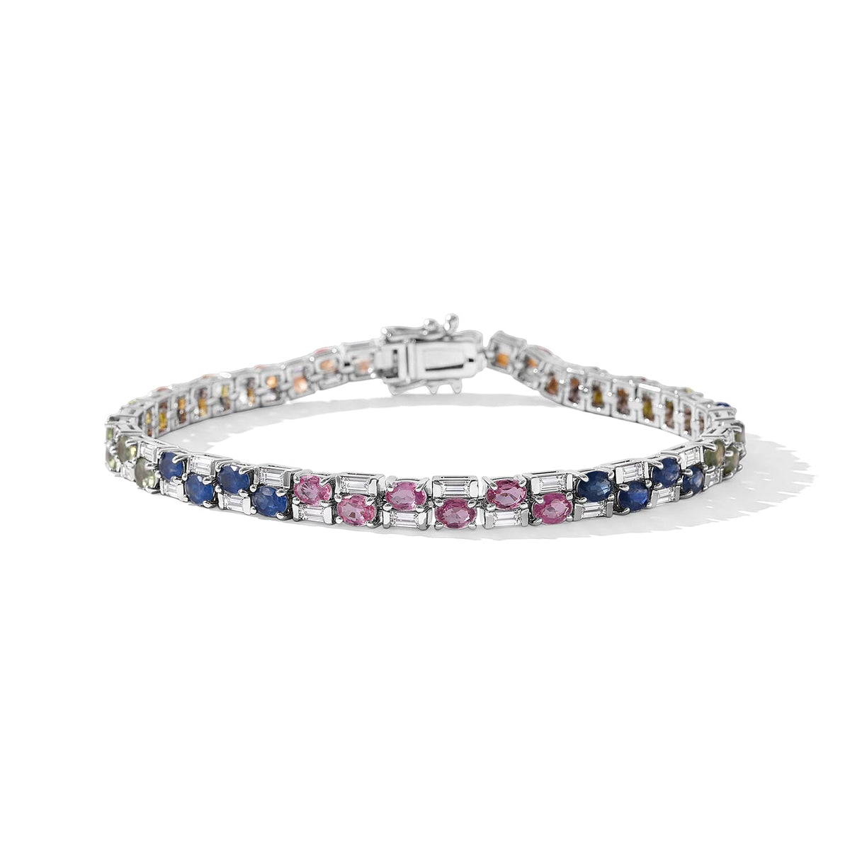 GP Premium Rainbow Sapphire and Multi Gemstone 10.80 ctw Bracelet in Rhodium Over Sterling Silver (6.50 In)