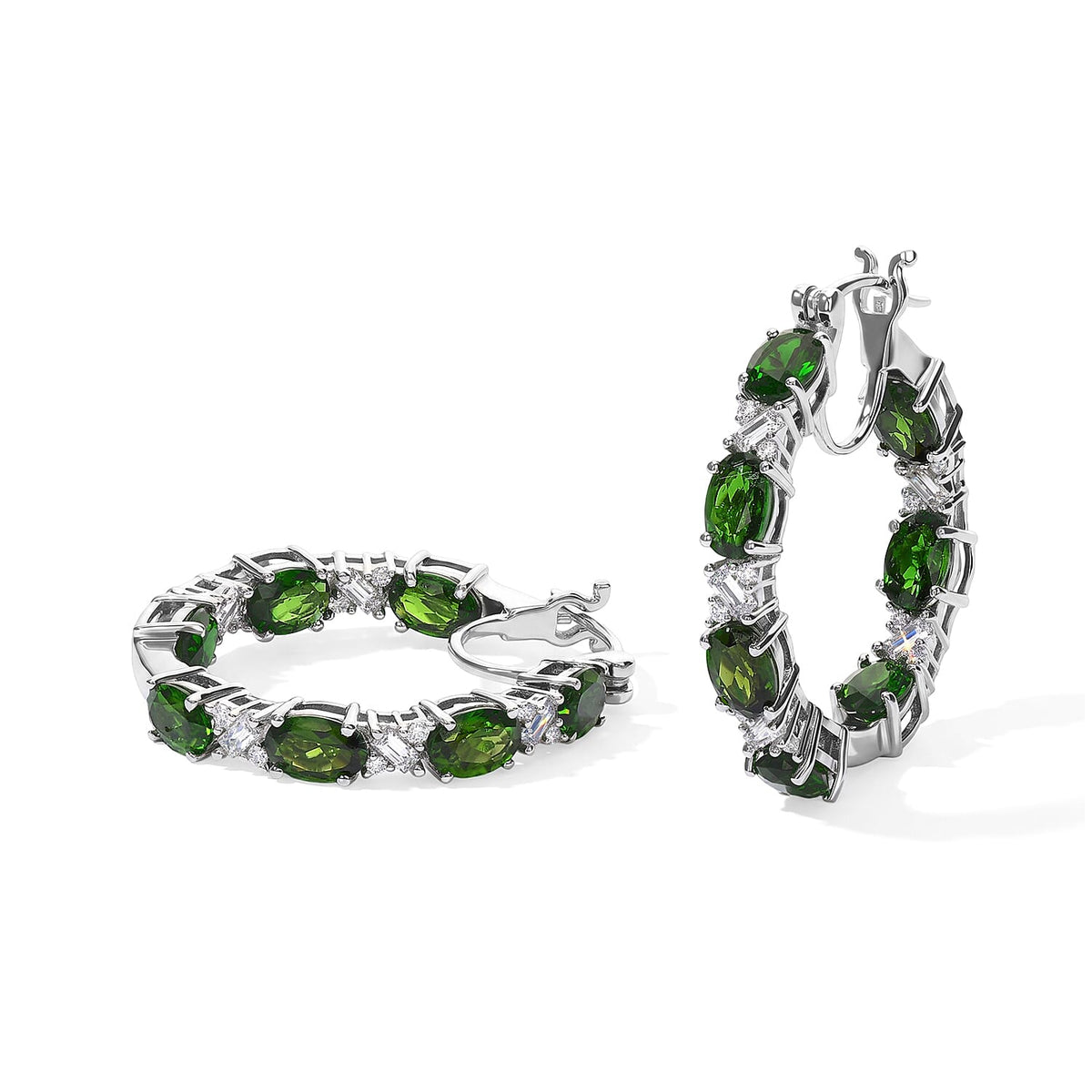 D''Joy Premium Chrome Diopside, Moissanite Hoop Earrings in Rhodium Over Sterling Silver 7.90 ctw