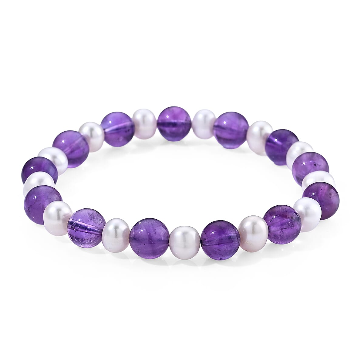 African Amethyst Beaded 40.00 ctw and Freshwater Pearl Stretchable Bracelet