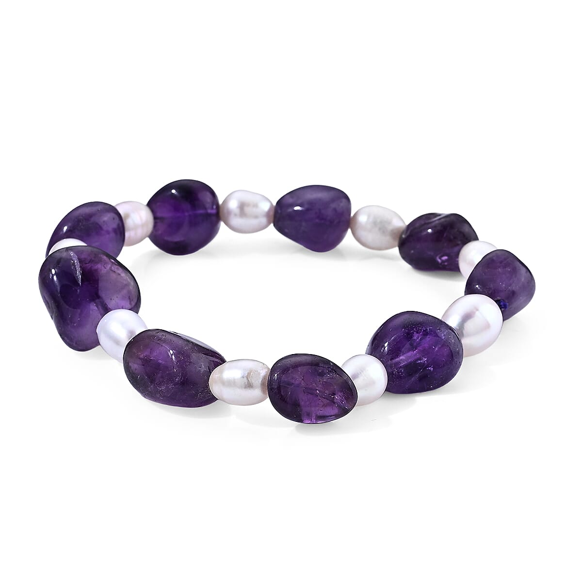 African Amethyst Beaded 90.00 ctw and Freshwater Pearl Stretchable Bracelet