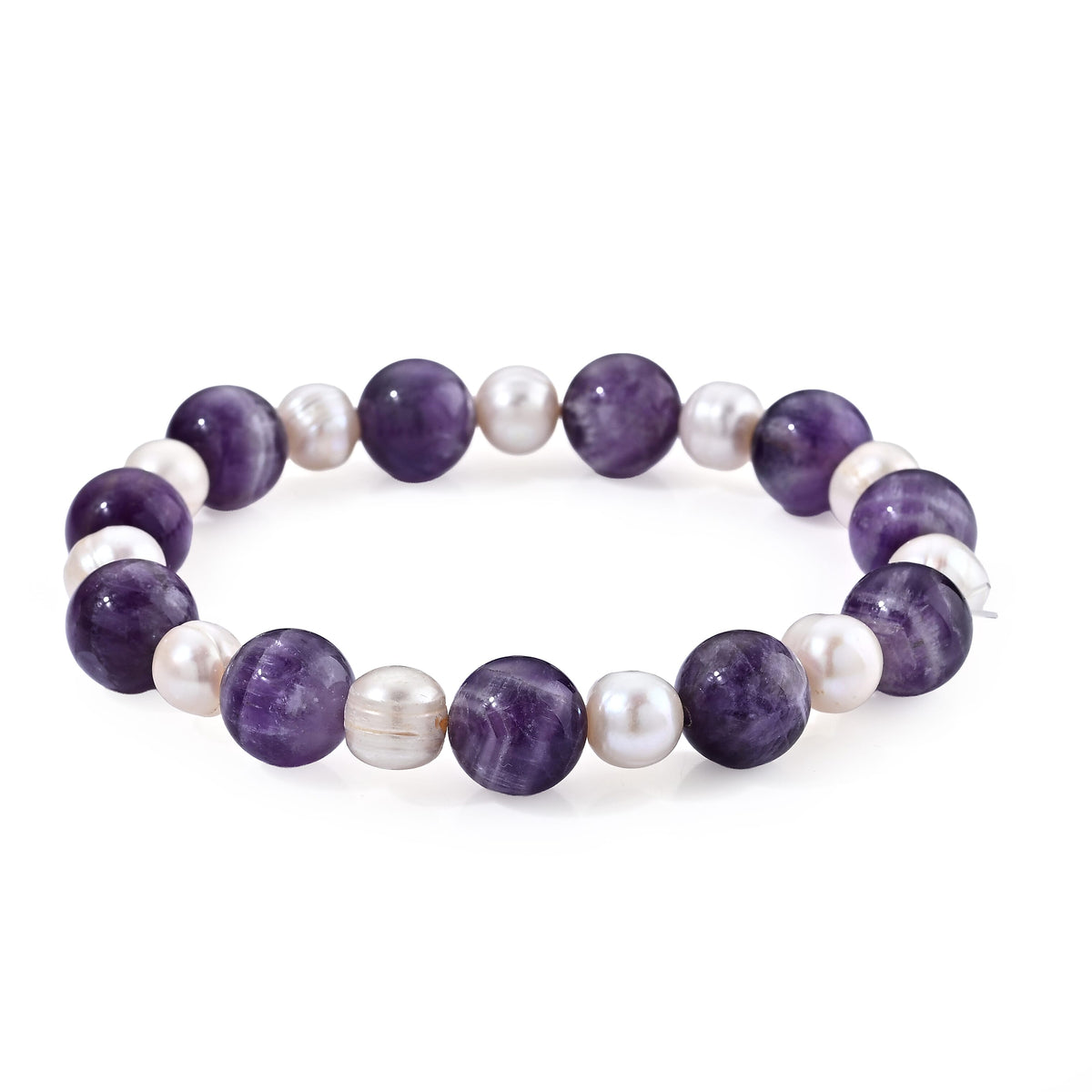 Bi-Color Amethyst 70.00 ctw Beaded and Freshwater Pearl Stretchable Bracelet