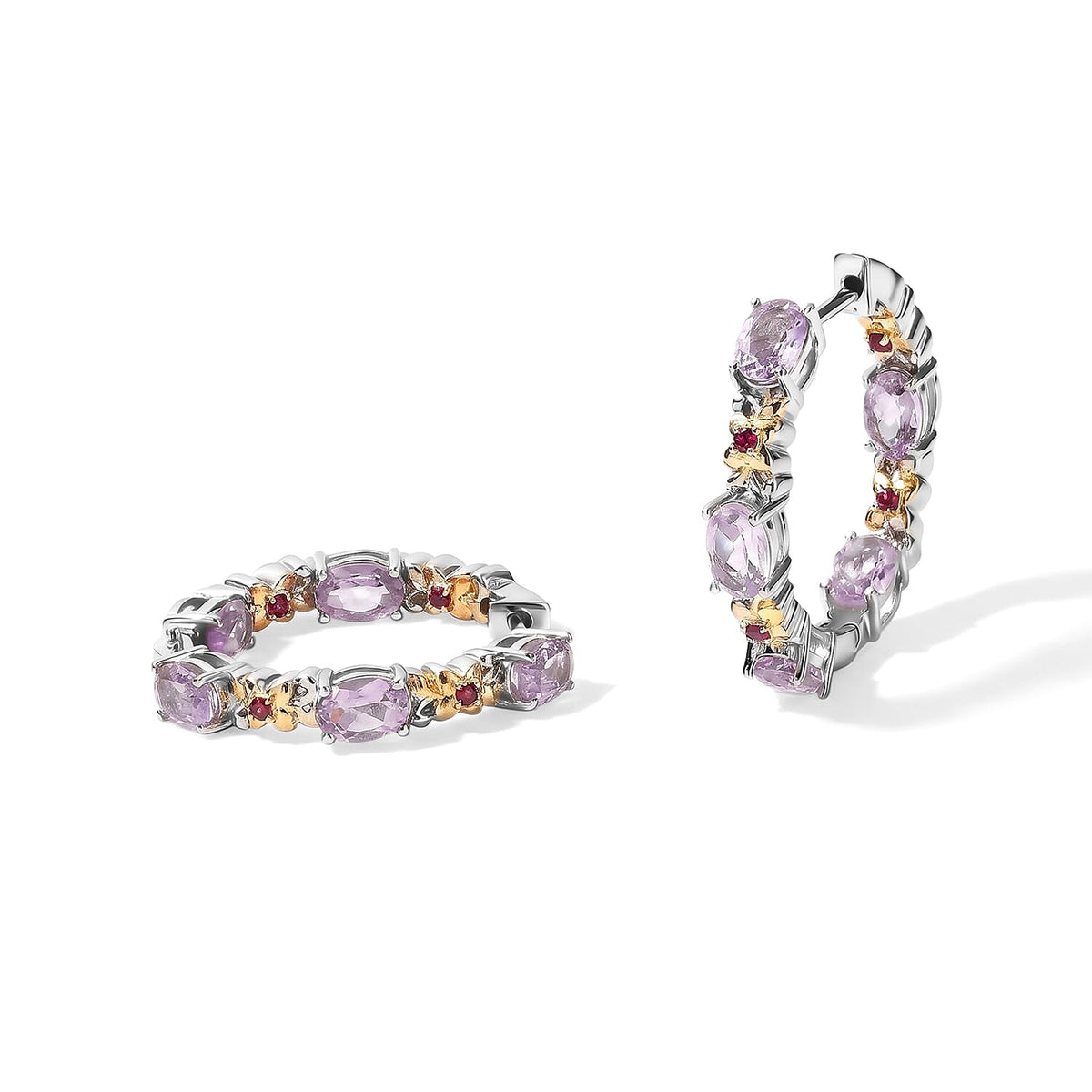 EverTrue Rose De France Amethyst and Orissa Rhodolite Garnet 4.50 ctw Hoop Earrings in 18K YG Plated and Platinum Bond