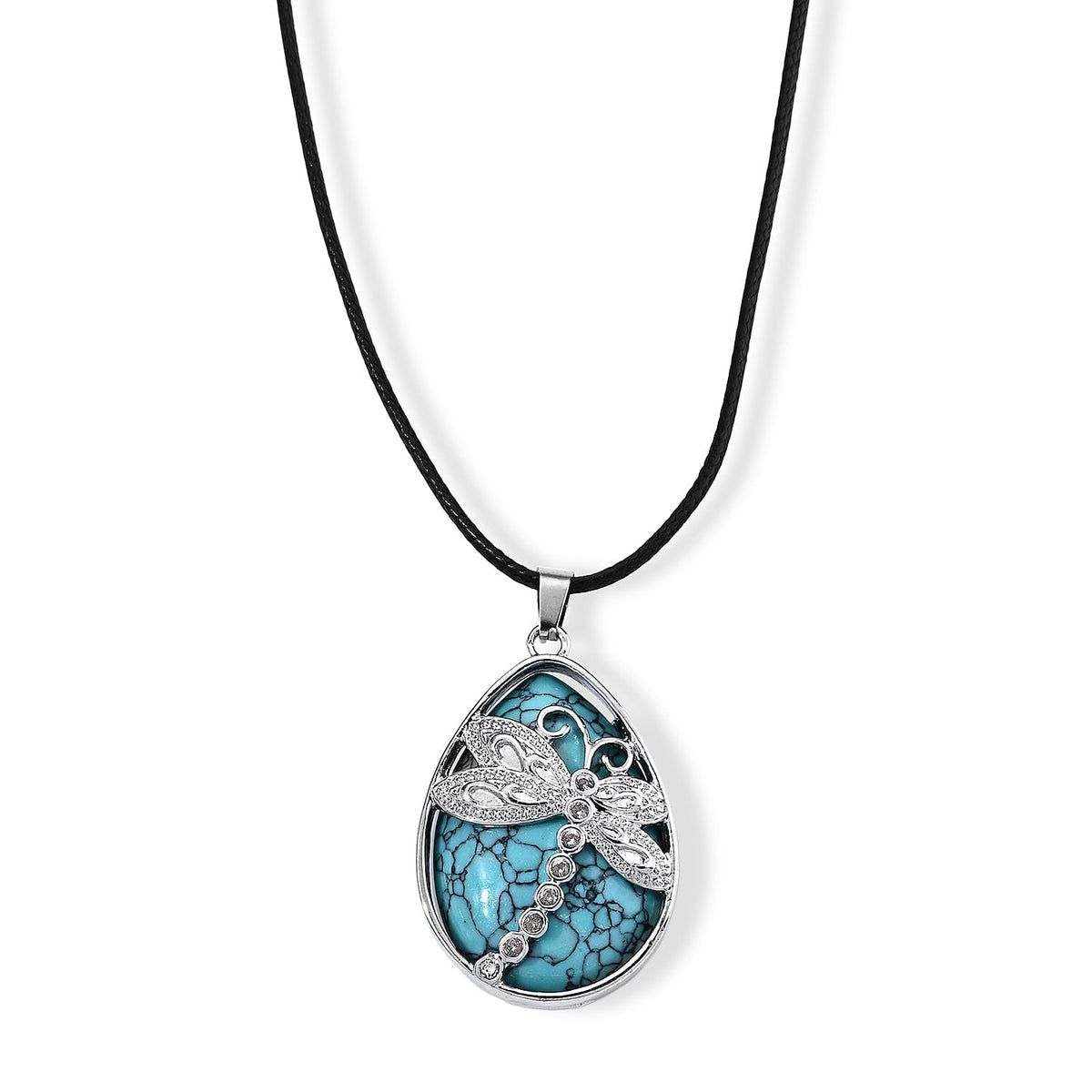 Turquoise 50.00 ctw Dragonfly Pendant in Silvertone with Cord Necklace (Adjustable)