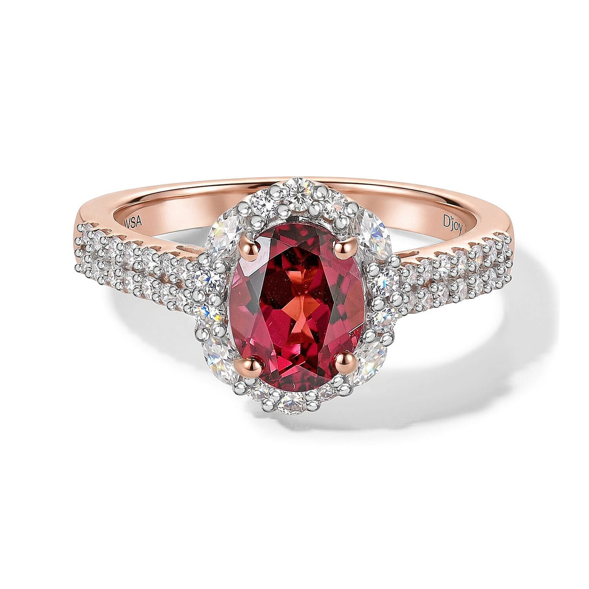 D''Joy Premium Tanzanian Raspberry Garnet, Moissanite Ring in 18K Vermeil RG Over Sterling Silver (Size 10.0) 2.00 ctw