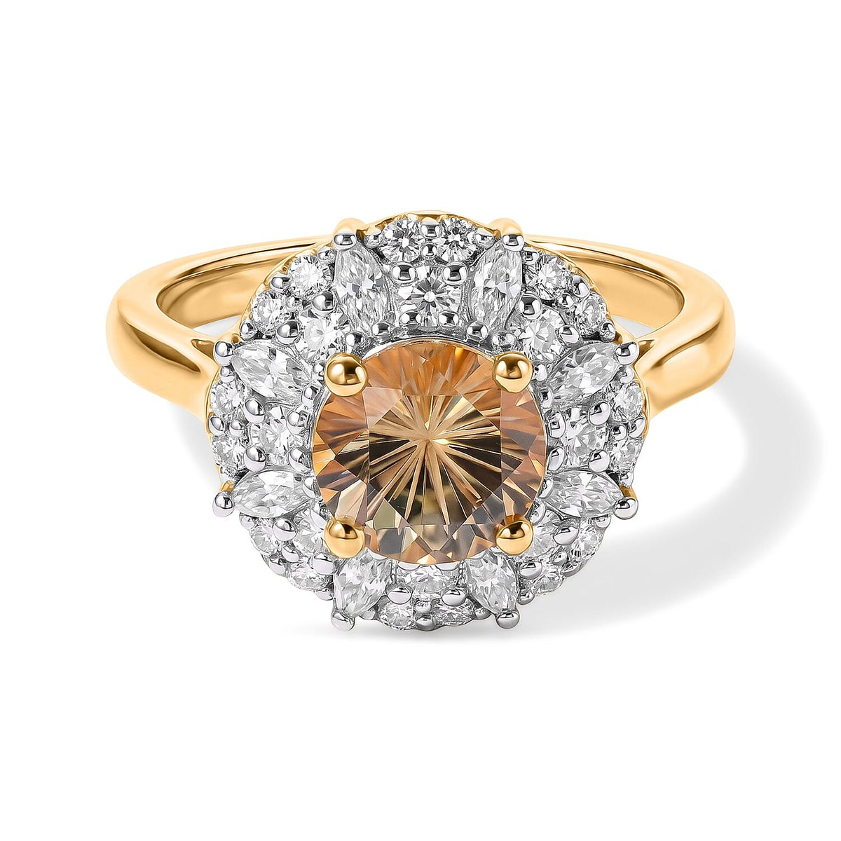 Certified and Appraised D''Joy Premium Hanabi Cut Turkizite, Moissanite Ring in 18K Vermeil YG Over Sterling Silver (Size 6.0) 2.30 ctw